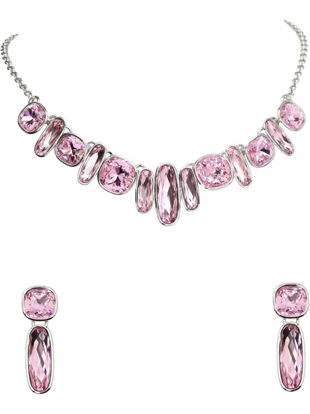 Elegant Crystal Floral Statement Necklace & Earrings Set - Rectangle & Square
